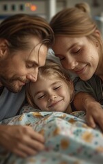 Obraz premium A loving family with a young girl in a hospital bed, showcasing the importance of family support during times of illness.