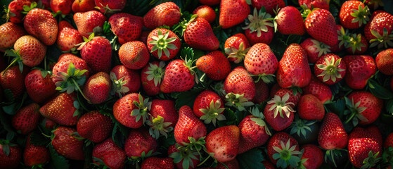 view of a bunch of fresh strawberry fruits with neatly stacked leaves arranged from above on a wide flat textured background