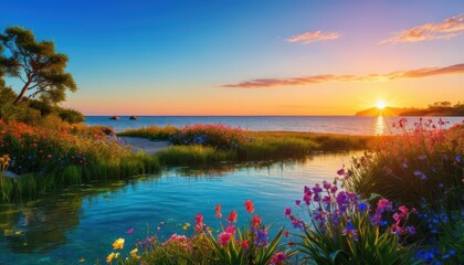 Sunset over a tranquil lagoon with vibrant flowers.