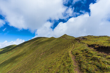 Beautiful green pasture in the Himalayas with a cloudy blue sky. Green meadow in the mountains. 