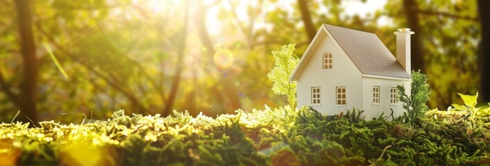Naklejka premium White model house on sunny day with lush green grass illuminated by sunshine, representing home, nature, and eco-friendly living. Copy space, banner