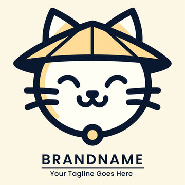 Cute and happy cat logo with a traditional hat