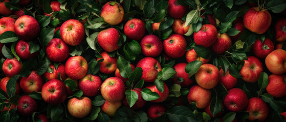 Obraz premium view of a bunch of fresh red apples fruits with leaf stacked neatly arranged from above on a wide flat textured background