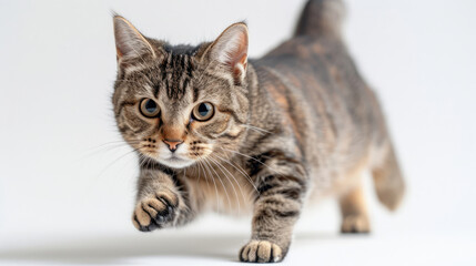 full body cat walking on two front legs paws with low angle view on white background