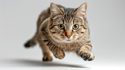 full body cat walking on two front legs paws with low angle view on white background