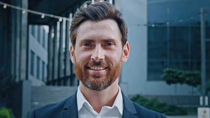 Male business portrait smiling confident successful man businessman office worker corporate employee professional entrepreneur ceo boss leader salesman satisfied client looking camera in city outdoors