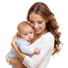 Smiling mother holding a baby, conveying love and care. Ideal image for motherhood, parenting, and family themes.