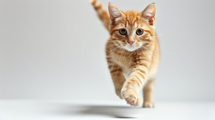Obraz premium full body cat walking on two front legs paws with low angle view front on white background