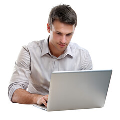 Businessman focused on using a laptop, wearing a striped shirt. Ideal for business, technology, and professional-related themes.