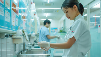 Fototapeta premium 病院のシンクで手を洗う日本の看護師