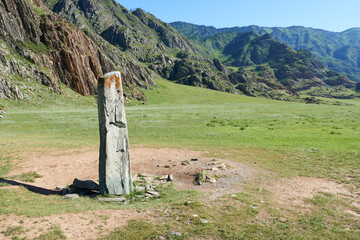 Mountain landscape with a stone pillar in the foreground, Mountain Altai.