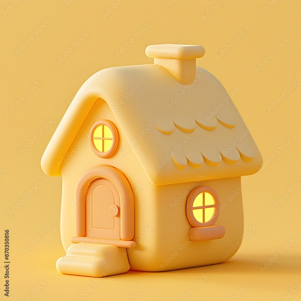 Poster cozy yellow 3d house icon with chimney in rounded soft matte clay texture rendering