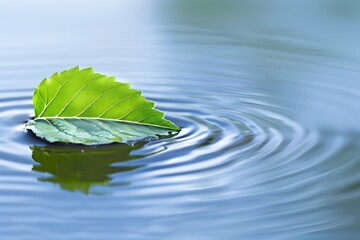 Bright Green Leaf Drifting on Calm Water Surface With Gentle Ripples and Sunlit Reflections