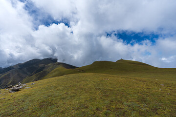Beautiful green pasture in the Himalayas with a cloudy blue sky. Green meadow in the mountains. 