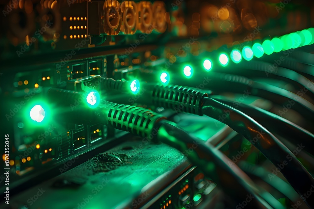 Poster close up of vibrant green lit ethernet cables plugged into a high speed network switch for robust