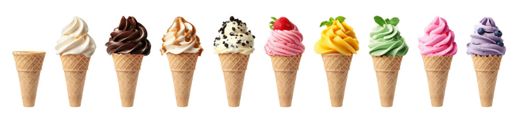 Set of ice cream cones isolated on transparent background, png