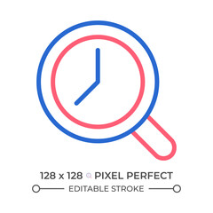 Magnifying glass with clock two color line icon. Time tracking. Dial inside loupe. Estimation bicolor outline symbol. Duotone linear pictogram. Isolated illustration. Editable stroke