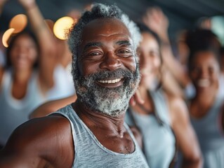 A smiling senior man with grey beard, surrounded by a diverse group of people, in a fitness class.