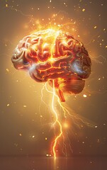 A glowing human brain with lightning bolts emanating from it, symbolizing powerful thinking, creativity, and inspiration.