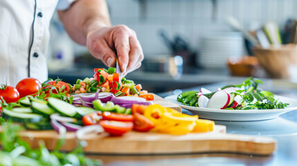 A left-handed chef carefully prepares a fresh salad with assorted vegetables on a wooden cutting board, left handers awareness day concept banner