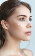 Obraz premium Close-up portrait of a young woman with blue eyes and white dots on her face.