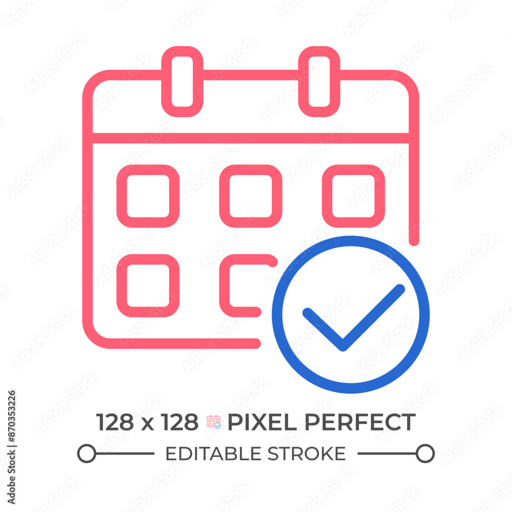Poster calendar with check mark two color line icon. organizer management. confirm appointment date bicolor