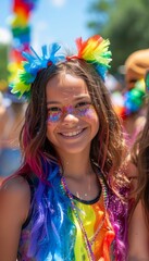 Obraz premium A young woman smiles brightly at a pride parade, wearing rainbow face paint and a colorful feather boa.