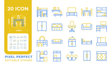 Furniture and home decor two color line icons set. Tables and chairs. Home comfort. Bedroom arrangement bicolor outline iconset isolated. Duotone pictograms thin linear. Editable stroke