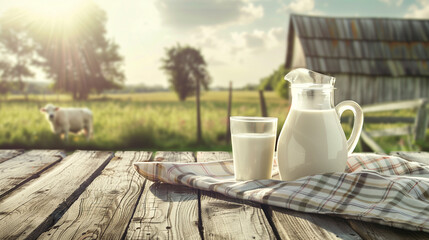 Milk jug and glass on rustic wooden table with cow farm background	
