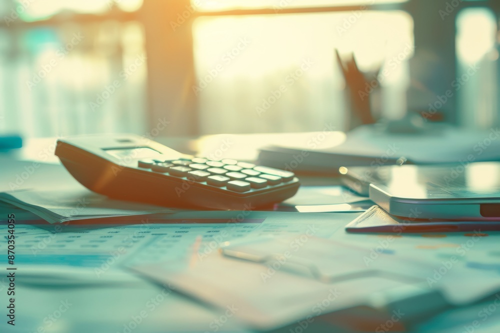 Aufkleber in an abstract financial plan, a calculator is displayed on a business graph and chart report on a t
