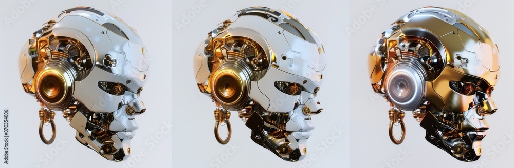 Poster the face of a robot or three different cyborgs isolated on white background. 3d rendering