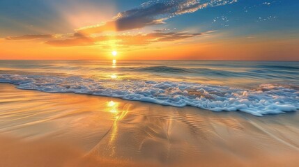 Fototapeta premium Watching the sunset from a sandy beach, the sun slowly sinking into the horizon, painting the sky with hues of orange and pink, is a serene end to the day.