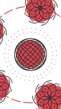 Abstract globe with rotating round objects around. Media. Cartoon animation with red spherical objects. Vertical video.