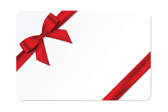 Blank Gift card with red bow and ribbon realistic shiny satin vector template design for your business gift voucher isolated on white background.