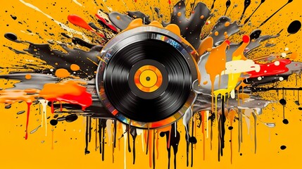 Abstract background with music vinyl disc in vivid paints explosion. Acrylic ink spraying and splatter with flowing drops with audio record disc. Header illustration for banner design. Generative AI.