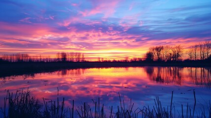 Obraz premium Serene Sunset Over Rural Landscape with Reflective Waters