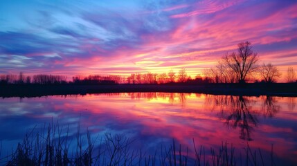 Obraz premium Serene Sunset Over Rural Landscape with Reflective Waters