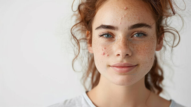 Young teen Woman face with acne pimples on her face and looking front isolated on white background