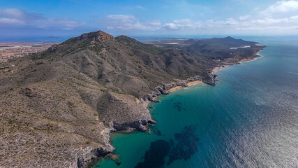 Aerial view of Calblanque beaches in Cartagena, Region of Murcia, Spain