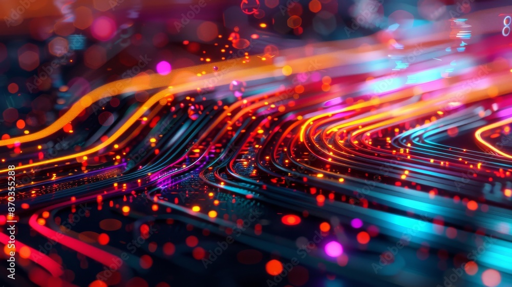 Poster abstract digital light trails in vivid colors, creating a futuristic cyber landscape, symbolizing te