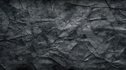 Abstract background with black crumpled paper pieces glued on wall. Dark decorative grunge pattern with rugged and wrinkled torn sheets surface. Header illustration for banner design. Generative AI.