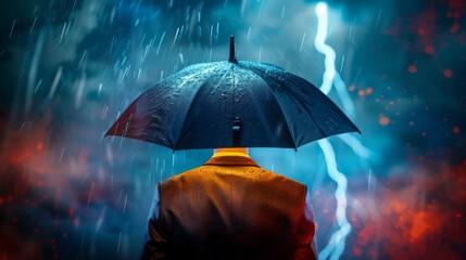 A person holding an umbrella during a thunderstorm, featuring bright lightning in the background while rain pours down.