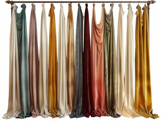 Variety of colorful curtains hanging on a rod, white background