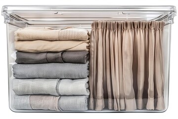 Transparent plastic hanging closet organizer with clothes and curtains, white background