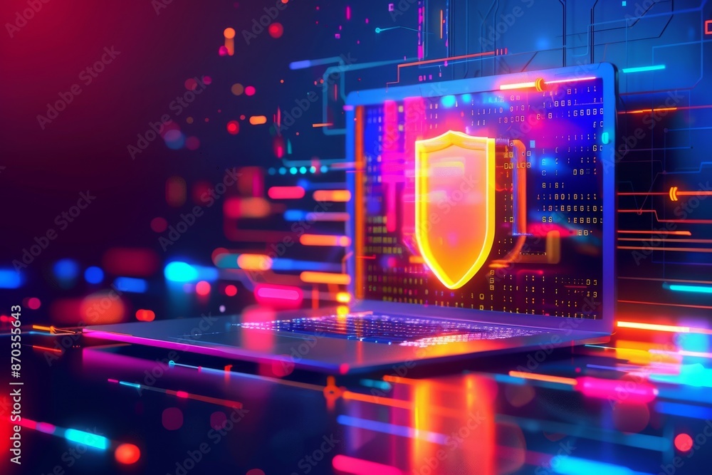 Poster futuristic cybersecurity concept with a digital shield on a laptop screen, representing data protect