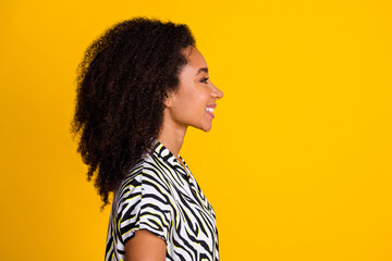 Profile photo of young smiling girlfriend in zebra print shirt with super curly hair looking copyspace isolated on yellow color background