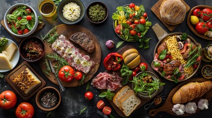 Fototapeta premium Table full of food including a variety of meats, vegetables, and bread. The table is set for a meal and the food looks delicious