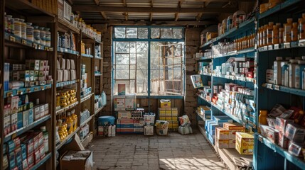 Fototapeta premium Interior of a pharmacy in a rural area stocked with essential medicines.