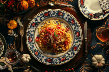 Fototapeta premium Gourmet pasta plate from above view. Tomato sauce pasta is classic italian cuisine dish.