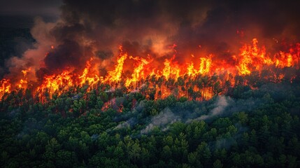 Massive forest fire consuming a woodland area, showing the increasing frequency of wildfires